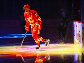 Nov 1, 2022; Calgary, Alberta, CAN; The Calgary Flames' Jonathan Huberdeau (10) takes the ice prior to the game against the Seattle Kraken at the Scotiabank Saddledome.