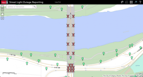 The city of Calgary’s streetlight outage reporting system shows a series of malfunctioning lights on the Mewata (14 St. W.) Bridge on Nov. 20, 2022.