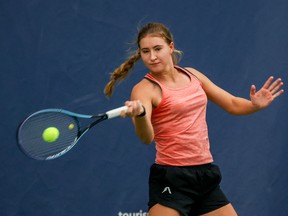 Edmonton’s Martyna Ostrzygalo plays South Korea’s Ji-Hee Choi during qualifying round play of the Calgary National Bank Challenger at the Osten & Victor Alberta Tennis Centre on Monday, Nov. 7, 2022. Ostrzygalo won 6-4, 6-4 and earned a spot in the main draw.