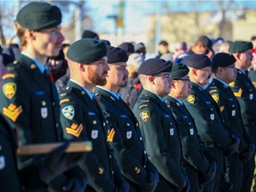 Soldiers take part in ceremonies at The Military Museums during Remembrance Day in Calgary on Friday, November 11, 2022.
