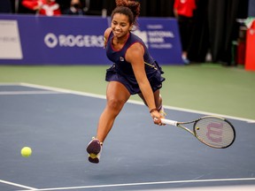 USA's Robin Montgomery stretches for a return during the Calgary National Bank Challenger women's singles final against Poland's Urszula Radwanska at the Osten & Victor Alberta Tennis Centre on Sunday, November 13, 2022. 
Gavin Young/Postmedia.