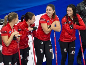 From left, Team Canada lead Briane Harris, vice-skip Val Sweeting, second Shannon Birchard and skip Kerri Einarson before their Pan Continental Championships game against Kazakhstan at the WinSport Event Centre in Calgary on Tuesday, Nov. 1, 2022.
