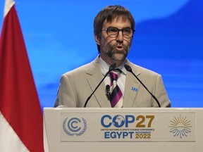Steven Guilbeault, minister of the environment and climate change of Canada, speaks at the COP27 UN Climate Summit in Sharm el-Sheikh, Egypt, Tuesday, Nov. 15, 2022.