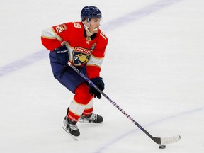 Florida Panthers left wing Matthew Tkachuk moves the puck during the second period against the Edmonton Oilers at FLA Live Arena on November 12, 2022.