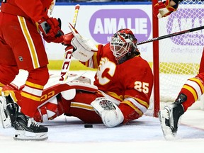 Calgary Flames goaltender Jacob Markstrom faces the Tampa Bay Lightning at Amalie Arena in Tampa on Thursday, Nov. 17, 2022.