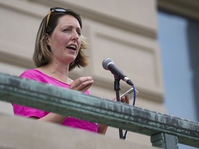 Dr. Caitlin Bernard, a reproductive health care provider, speaks during an abortion rights rally on June 25, 2022, at the Indiana Statehouse in Indianapolis. Bernard, who provided abortion drugs to a 10-year-old rape victim from Ohio, defended her actions before a judge Monday, Nov. 21, 2022, in an episode that drew national attention in the weeks after the U.S. Supreme Court overturned Roe v. Wade.