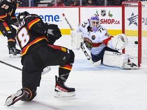 Flames forward Andrew Mangiapane scores on Sergei Bobrovsky in the third period of Tuesday's game against the Florida Panthers.