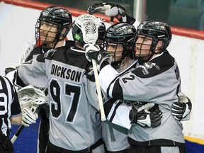 The Calgary Roughnecks, pictured celebrating a goal during the playoffs last year, are hosting a Preview Party Saturday as they face the Vancouver Warriors in pre-season action.