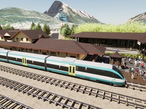 Artist's rendering of a proposed train which would run from Calgary International Airport to the town of Banff.