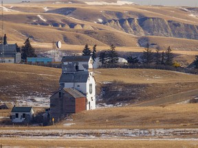 The old Parrish and Heimbecker grain elevator at Sharples in the Kneehill Creek valley east of Carbon, Ab., on Tuesday, November 29, 2022.