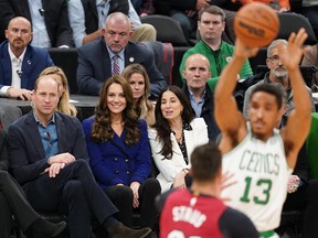 Prince William, Prince of Wales and Catherine, Princess of Wales, watch the NBA basketball game between the Boston Celtics and the Miami Heat at TD Garden on November 30, 2022 in Boston, Massachusetts. The Prince and Princess of Wales are visiting the coastal city of Boston to attend the second annual Earthshot Prize Awards Ceremony, an event which celebrates those whose work is helping to repair the planet. During their trip, which will last for three days, the royal couple will learn about the environmental challenges Boston faces as well as meeting those who are combating the effects of climate change in the area.
