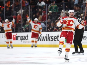 ANAHEIM, CALIFORNIA - DECEMBER 23: Tyler Toffoli #73 of the Calgary Flames reacts after defeating the Anaheim Ducks 3-2 in overtime in a game at the Honda Center on December 23, 2022 in Anaheim, California.