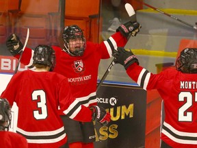 South Kent Carson Mitchell (C) celebrates a second period goal at the Circle K hockey tournament action at Max Bell in Calgary on Wednesday, December 28, 2022. Jim Wells/Postmedia