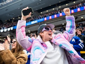 Pop star Justin Bieber cheers on the Toronto Maple Leafs at Scotiabank Arena during a rout of the Los Angeles Kings on Thursday, Dec. 8.