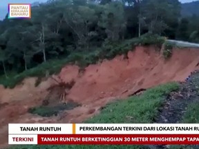 A view of the scene after a landslide in Batang Kali, Malaysia, Friday, Dec. 16, 2022 in this still image taken from video.