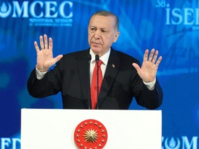 Turkey's President Tayyip Erdogan addresses the members of delegations at the ministerial meeting of COMCEC, an economic cooperation commission of the Organisation of Islamic Cooperation, in Istanbul, Turkey, November 28, 2022.