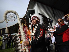 Chief Tony Alexis, of the Alexis Nakota Sioux Nation, prepares to participate in the traditional entrance of Indigenous leaders (Grand Entry of Chiefs), ahead of the arrival of Pope Francis, at Muskwa Park in Maskwacis, Alberta, on July 25, 2022.