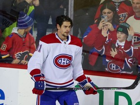 Montreal Canadiens forward Sean Monahan skates during warm-up in his first return to Scotiabank Saddledome since being traded by the Calgary Flames. The Canadiens were playing the Flames on Thursday, Dec. 1, 2022.
