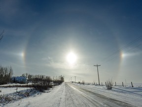 Sundogs and a prismatic ring around the sun south of Calgary, on Wednesday, December 21, 2022.
