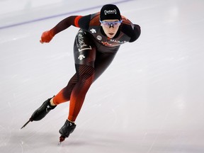 Canada’s Ivanie Blondin skates during the women’s 3,000-metre competition at the ISU World Cup speed skating event at the Olympic Oval in Calgary on Friday, Dec. 9, 2022.