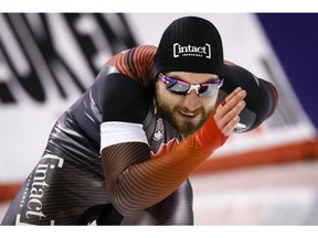 Canada’s Laurent Dubreuil skates to victory in the men’s 500-metre competition at the ISU World Cup speed skating event at the Olympic Oval in Calgary on Saturday, Dec. 10, 2022.
