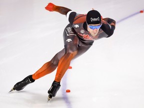 Canada’s Antoine Gelinas-Beaulieu races to bronze in the men’s 1000 metres during the ISU World Cup speed skating event at the Olympic Oval in Calgary on Sunday, Dec. 11, 2022.
