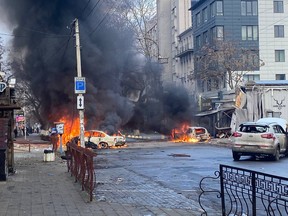 Ukrainian President Volodymyr Zelenskyy has posted horrifying images on Twitter of the Christmas Eve carnage caused by Russian shelling of Kherson on Saturday, Dec. 24, 2022.