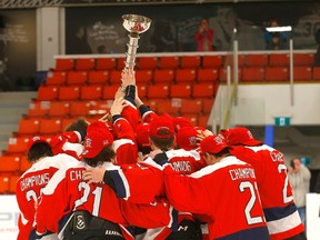 The South Alberta Hockey Academy (SAHA) beat the Vancouver NE Chiefs 4-2 in the finals and are the 2022 Mac's Tournament hockey champions at Max Bell arena in Calgary on Sunday, April 10, 2022. Darren Makowichuk/Postmedia