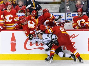 MacKenzie Weegar throws his weight around on Nov. 14 against the LA Kings.