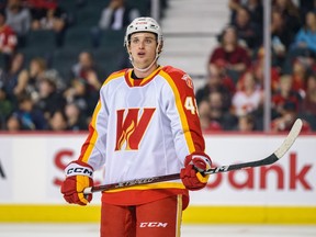 Calgary Wranglers Jakob Pelletier during a match against Coachella Valley Firebirds at Scotiabank Saddledome on Sunday, October 16, 2022.