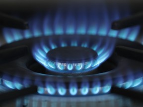 In this photo illustration flames burn blue from a natural gas-powered kitchen stove on November 03, 2021 in Berlin, Germany.