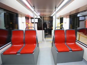 The interior seating area of a mockup of Urbos 100, the Green Line's low-floor light-rail vehicle, is shown in this photo from Nov. 29, 2022.