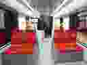 The interior seating area of a mockup of Urbos 100, the Green Line's low-floor light-rail vehicle, is shown in this photo from Nov. 29, 2022. 