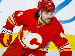 Calgary Flames' Rasmus Andersson against the Edmonton Oilers during NHL hockey at the Scotiabank Saddledome in Calgary on Tuesday, December 27, 2022.