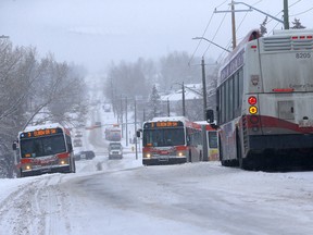 Multiple city transit buses were stranded on 4th Street near Northmount Drive N.W. after one jack-knifed and another became stuck in snow and ice on Friday.