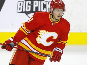 Calgary Flames Walker Duehr during warm up before taking on the San Jose Sharks in NHL action at the Scotiabank Saddledome in Calgary on Tuesday, November 9, 2021.