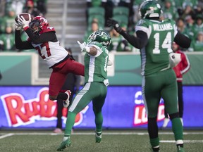 Jonathan Moxey picks off a pass against the Saskatchewan Roughriders in 2021.