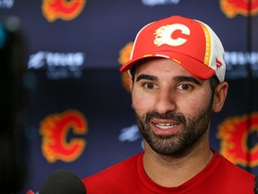 Calgary Flames forward Nazem Kadri is interviewed by media in the Flames' dressing room. He's currently the only player from the Flames who's been selected to participate in the mid-year showcase.