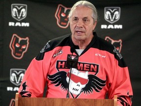Bret Hart is seen wearing a special Calgary Hitmen jersey that was worn at the Bret "Hitman" Hart game on March 5th, 2022 at the Saddledome.