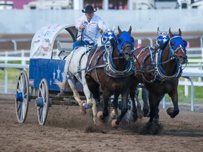 Layne MacGillivray races during the World Professional Chuckwagon Association world finals at Century Downs on Aug. 28, 2022.