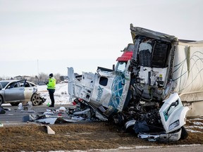 RCMP investigate after one person was killed and three others injured in an early-morning crash on Trans-Canada Highway near Chestermere, east of Calgary on Friday, January 20, 2023.