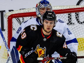 Calgary Flame Jakob Pelletier during NHL hockey against the Tampa Bay Lightning at the Scotiabank Saddledome in Calgary on Saturday, January 21, 2023.