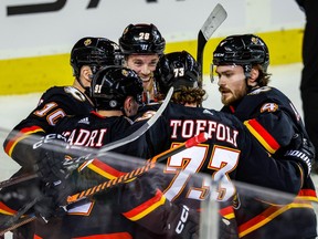 Calgary Flames Nazem Kadri celebrates with teammates after scoring against the Tampa Bay Lightning in NHL hockey at the Scotiabank Saddledome in Calgary on Saturday, January 21, 2023. AL CHAREST/POSTMEDIA