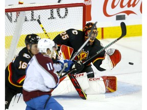 Calgary Flames goaltender Jacob Markstrom makes a save against the Colorado Avalanche at the Scotiabank Saddledome in Calgary on Wednesday, Jan. 18, 2023.