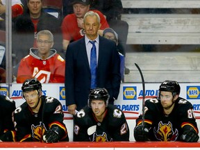 Calgary Flames head coach Darryl Sutter reacts in final minute of the team’s loss to the Colorado Avalanche at the Scotiabank Saddledome in Calgary on Wednesday, Jan. 18, 2023.