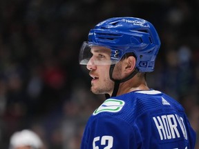 Vancouver Canucks' Bo Horvat waits to take a faceoff against the Washington Capitals during the first period of an NHL hockey game in Vancouver, on Tuesday, November 29, 2022.