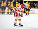 Calgary Flames right wing Tyler Toffoli reacts after a loss against the Nashville Predators at Bridgestone Arena. 