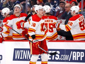 Calgary Flames defenceman Nikita Zadorov (16) celebrates his goal against the Winnipeg Jets at Canada Life Centre in Winnipeg on Tuesday, Jan. 3, 2023.