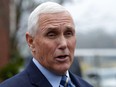 Former vice-president Mike Pence speaks with reporters, Dec. 6, 2022, at Garden Sanctuary Church of God in Rock Hill, S.C.