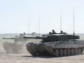 Canadian Forces Leopard 2A4 tanks are shown at CFB Gagetown in Oromocto, N.B., on Thursday, September 13, 2012. Defence Minister Anita Anand is returning to Canada after a meeting in Germany today where allies failed to make much headway on providing battle tanks to Ukraine.